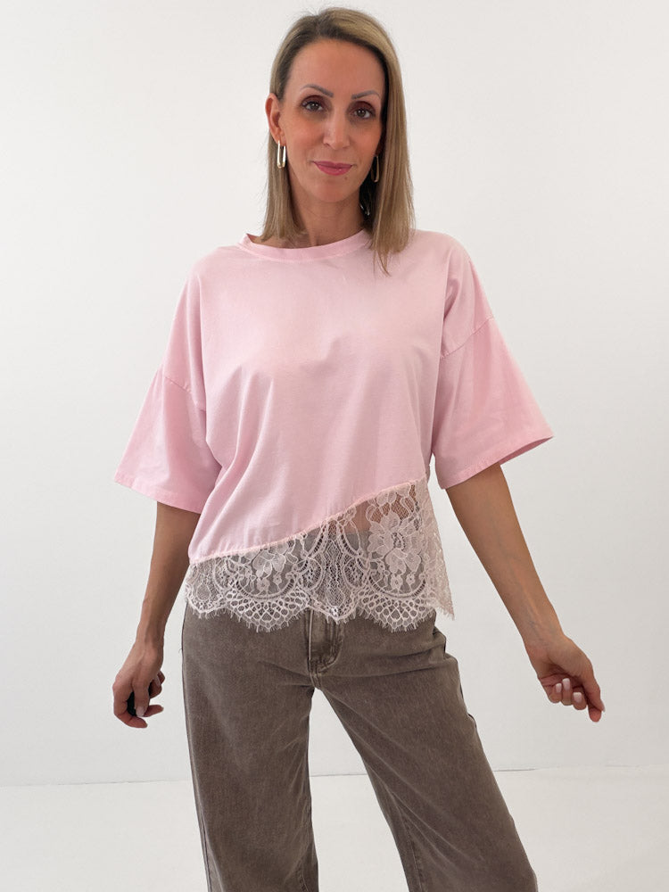 "Faro Lace" stylisches T-Shirt mit Spitzendetails - hellrosa