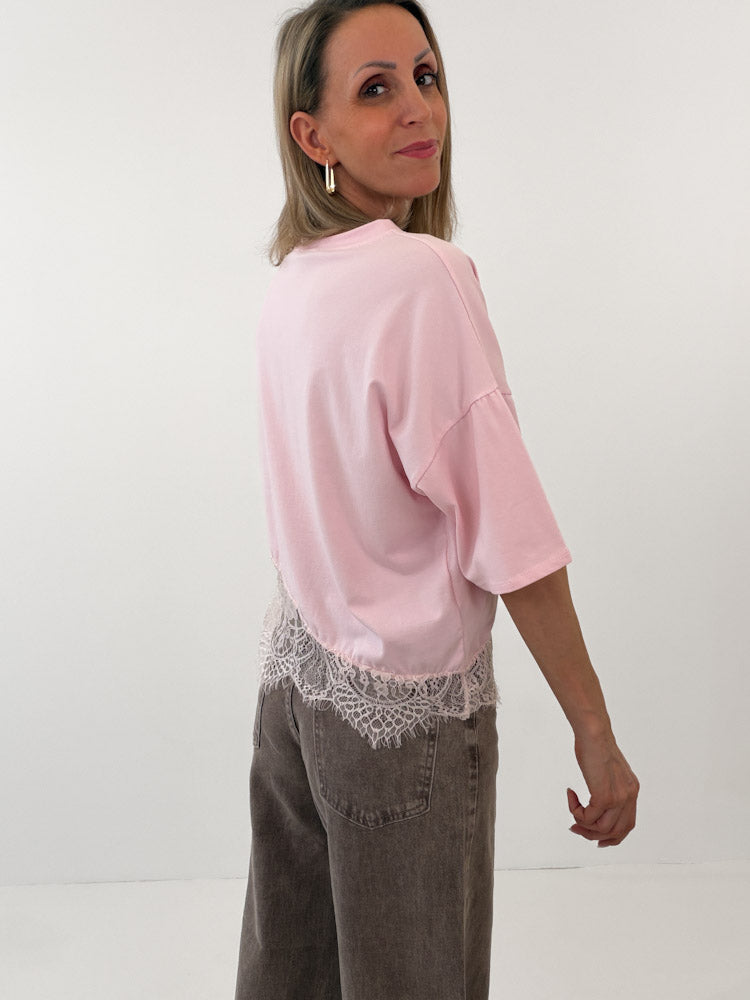 "Faro Lace" stylisches T-Shirt mit Spitzendetails - hellrosa