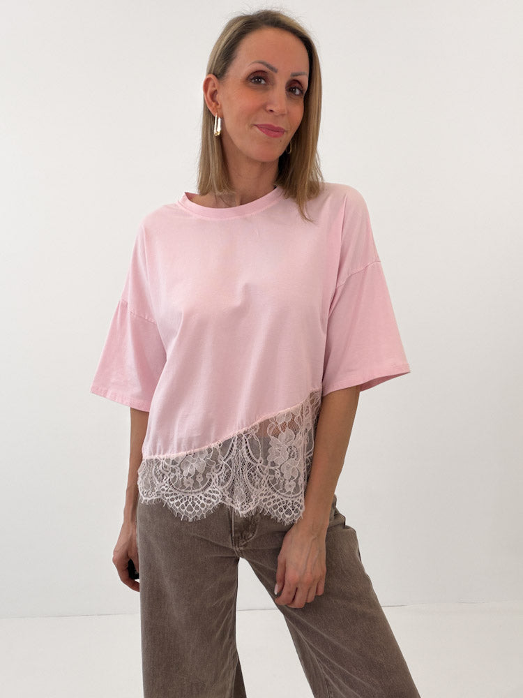 "Faro Lace" stylisches T-Shirt mit Spitzendetails - hellrosa