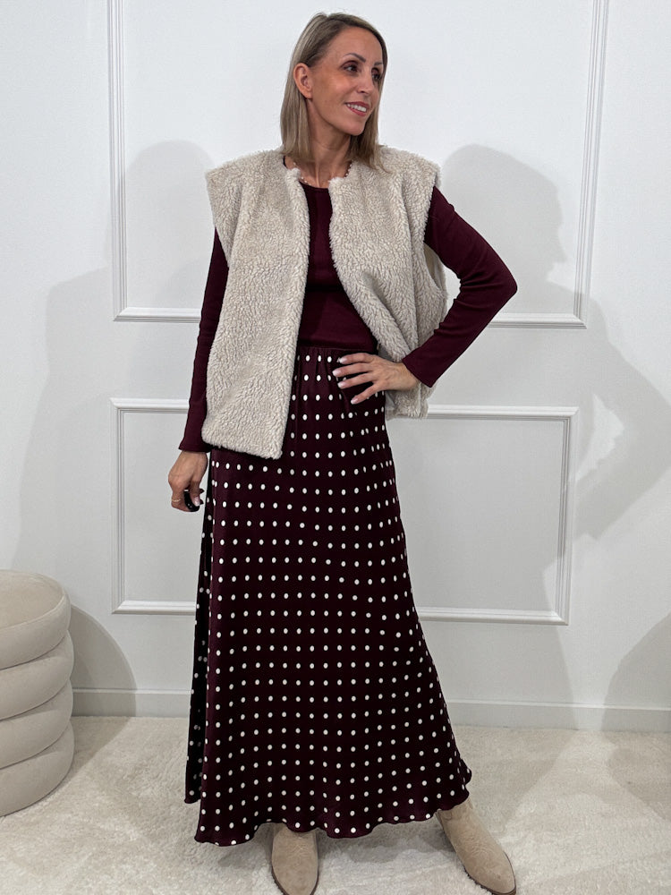 "Silky Polka Dots Maxi" langer Rock aus Viscose - bordeaux/weiß