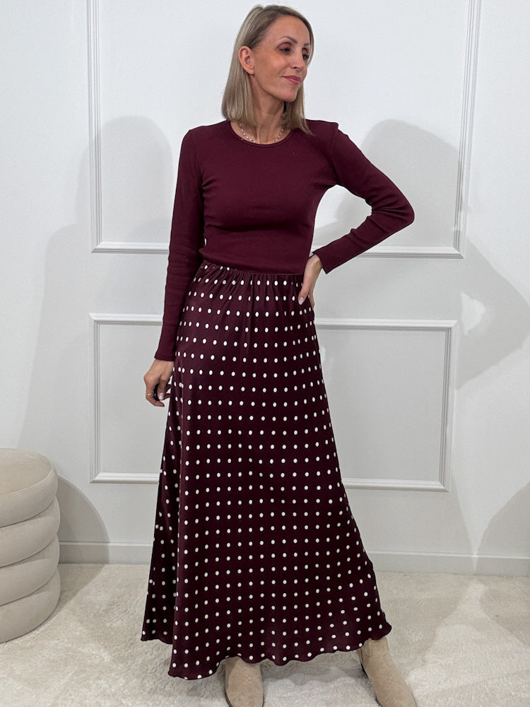 "Silky Polka Dots Maxi" langer Rock aus Viscose - bordeaux/weiß