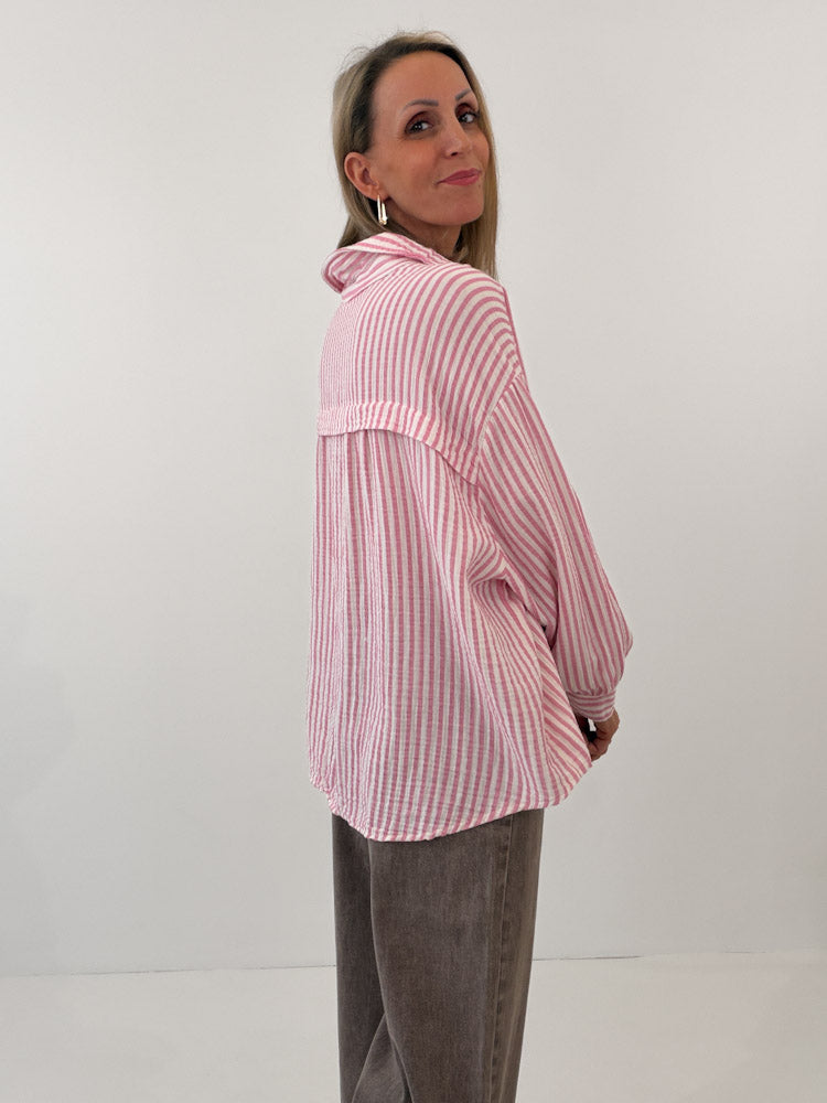 "Waffle Stripes 2.0 Midi" kurze Musselinbluse - rosa/weiß