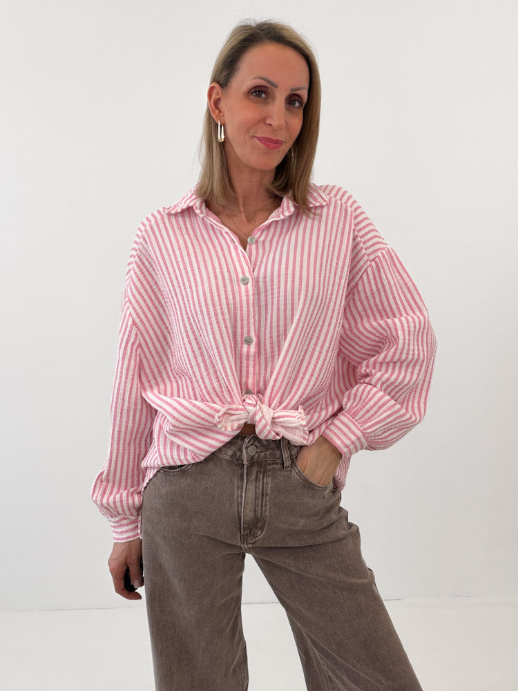 "Waffle Stripes 2.0 Midi" kurze Musselinbluse - rosa/weiß