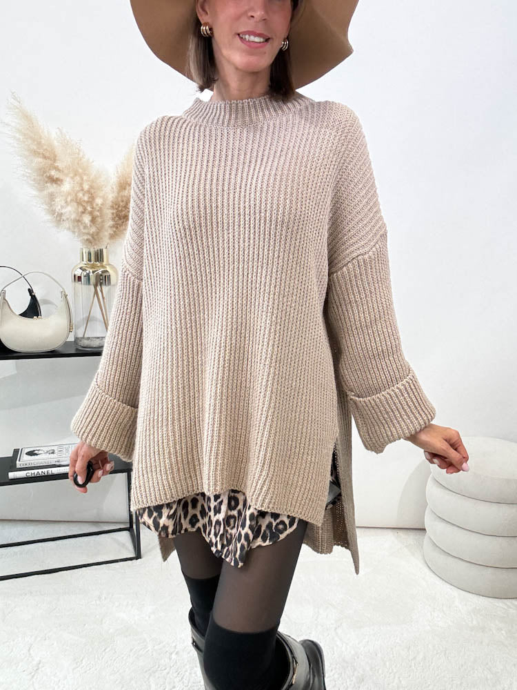 Strickpullover mit Schlitz - taupe