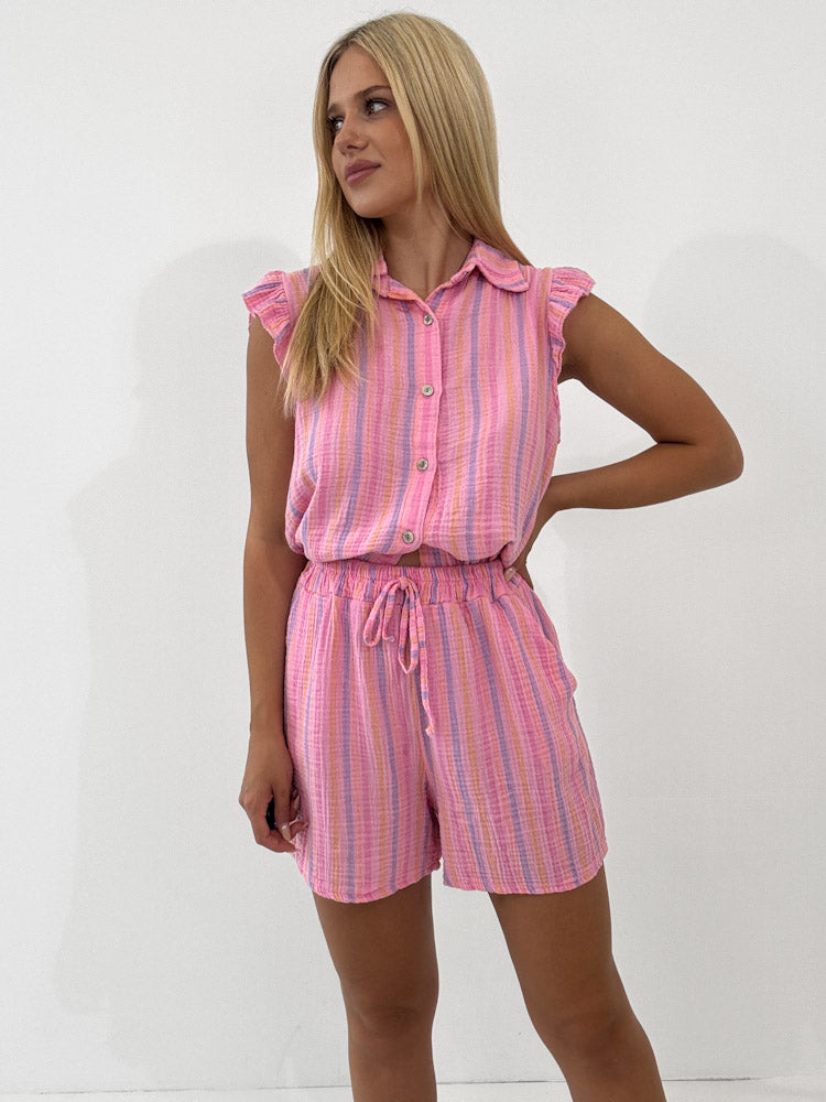 "Musselin Stripes Set" Bluse und Short aus Baumwolle - rosa