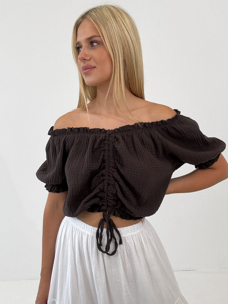 "Ibiza" stylisches Top aus Musselin - choco braun