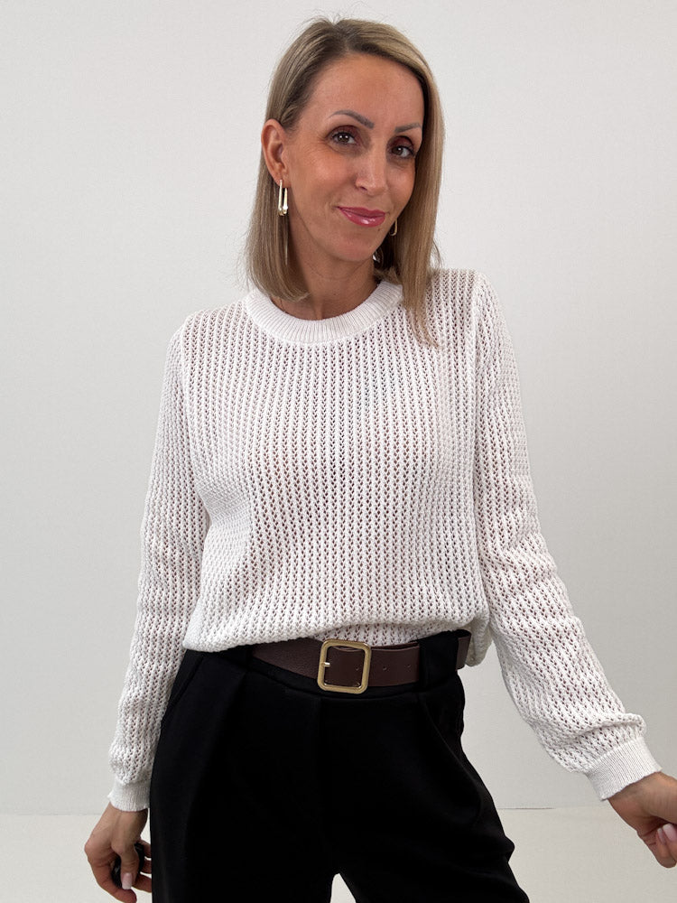"Tarifa" schöner Pullover mit Lochmuster aus Viscose- weiß