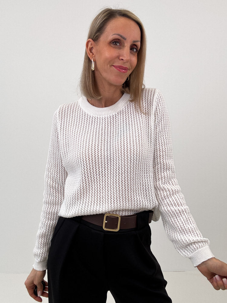 "Tarifa" schöner Pullover mit Lochmuster aus Viscose- weiß