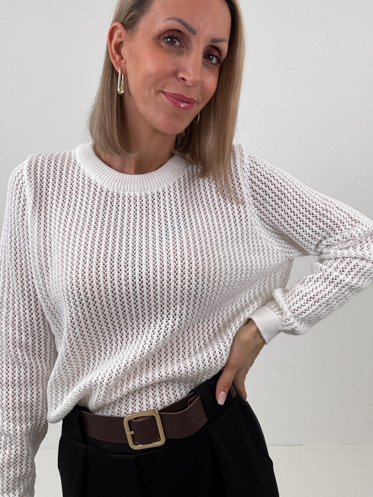 "Tarifa" schöner Pullover mit Lochmuster aus Viscose- weiß