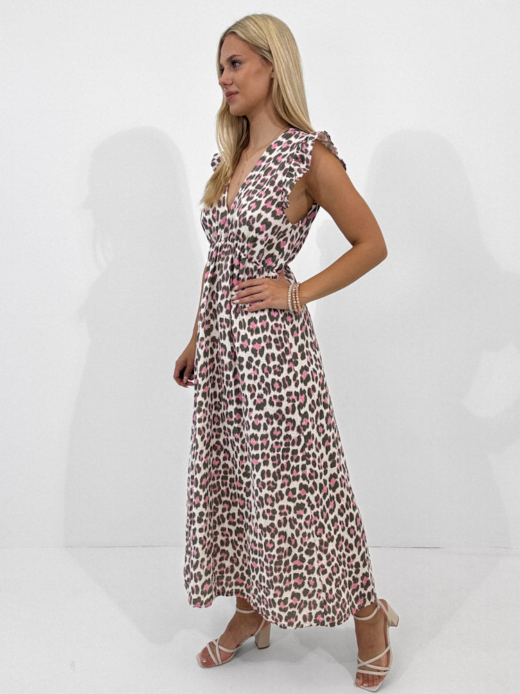 "Pianosa" tolles Leo Maxikleid aus Musselin - matcha/pink