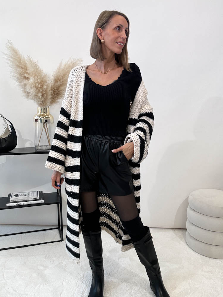 "Stripe Maxi" Lange Cardigan gestreift - beige/schwarz