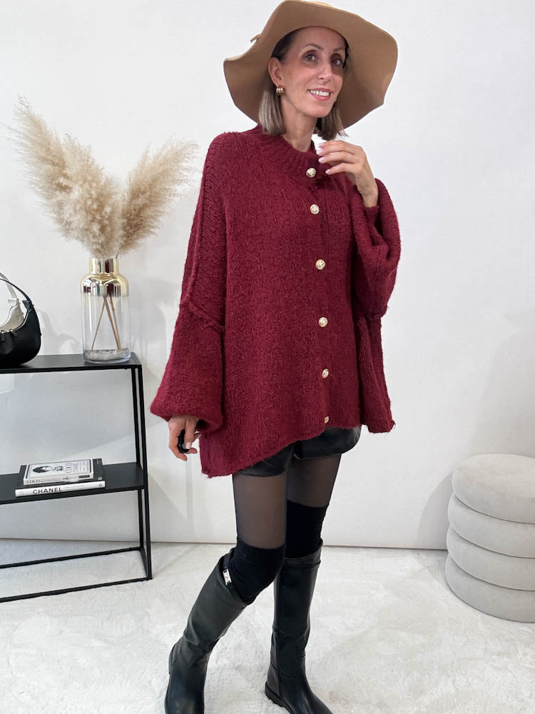 "Cozy Button" kuscheliger Oversize Cardigan - bordeaux