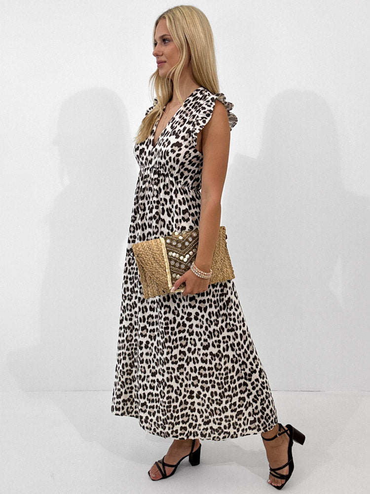 "Pianosa" tolles Leo Maxikleid aus Musselin - beige/braun