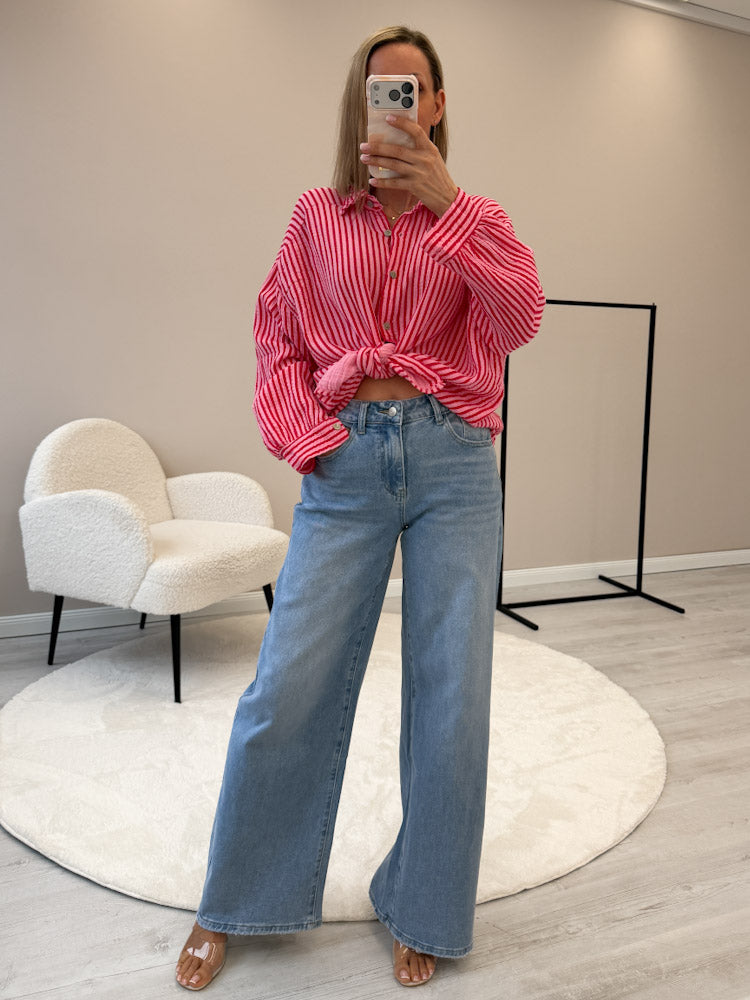 "Waffle Stripes 2.0 Midi" kurze Musselinbluse - rosa/rot