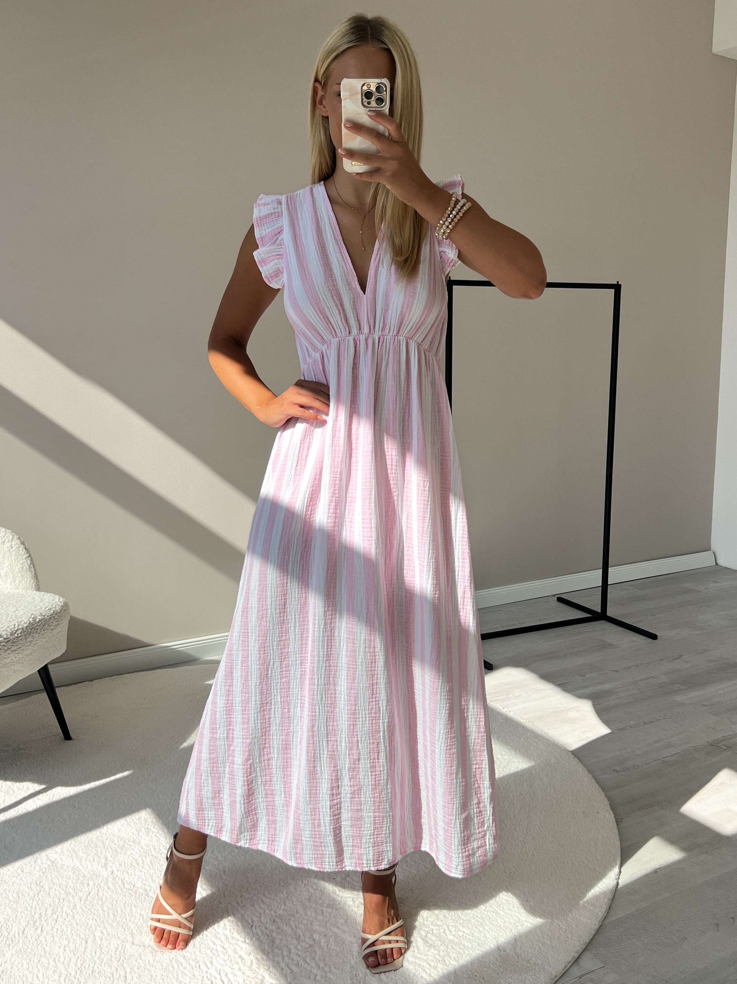 "Pianosa Stripes" Maxikleid aus Musselin - rosa/weiß