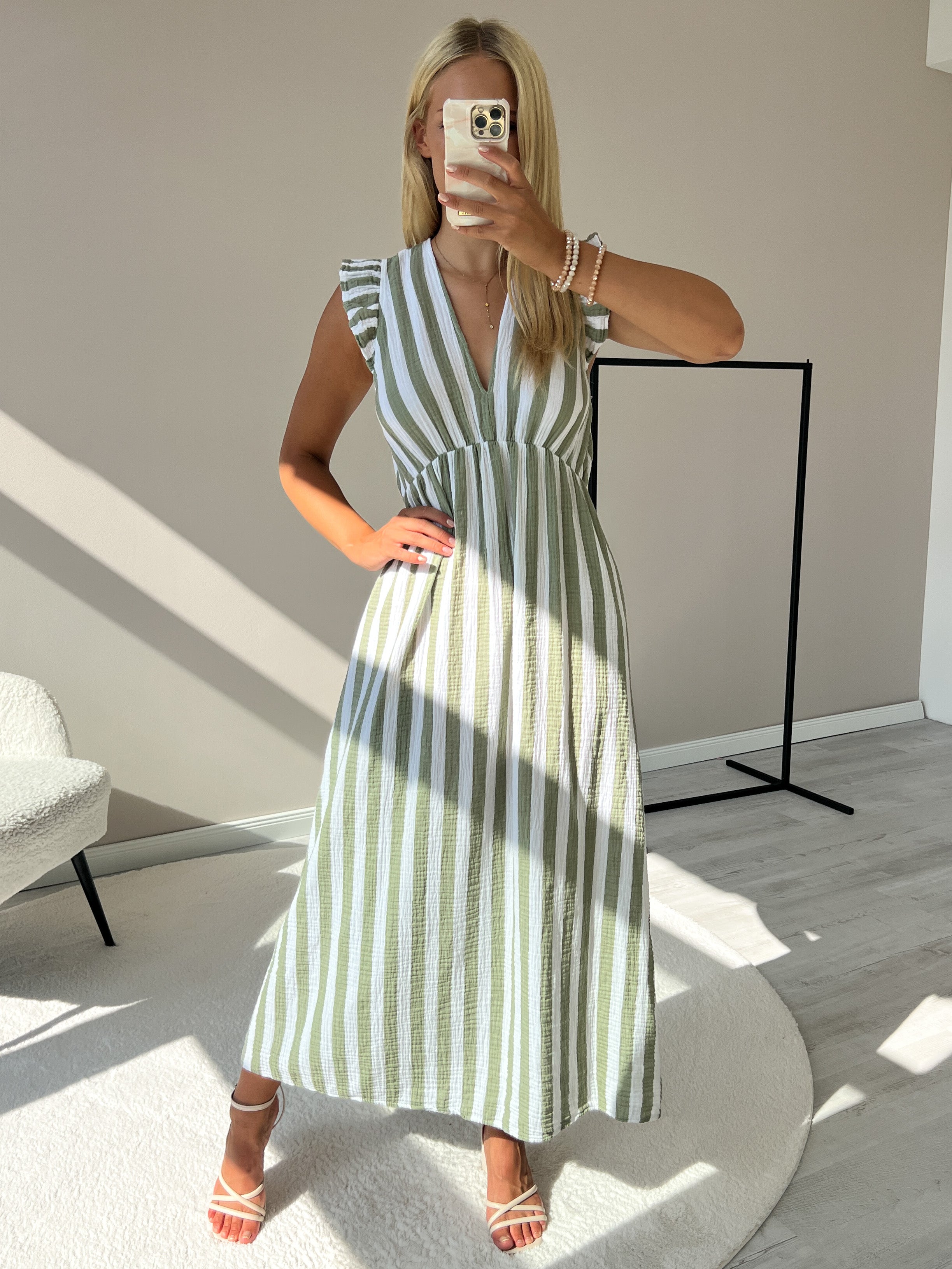 "Pianosa Stripes" Maxikleid aus Musselin - matcha grün/weiß