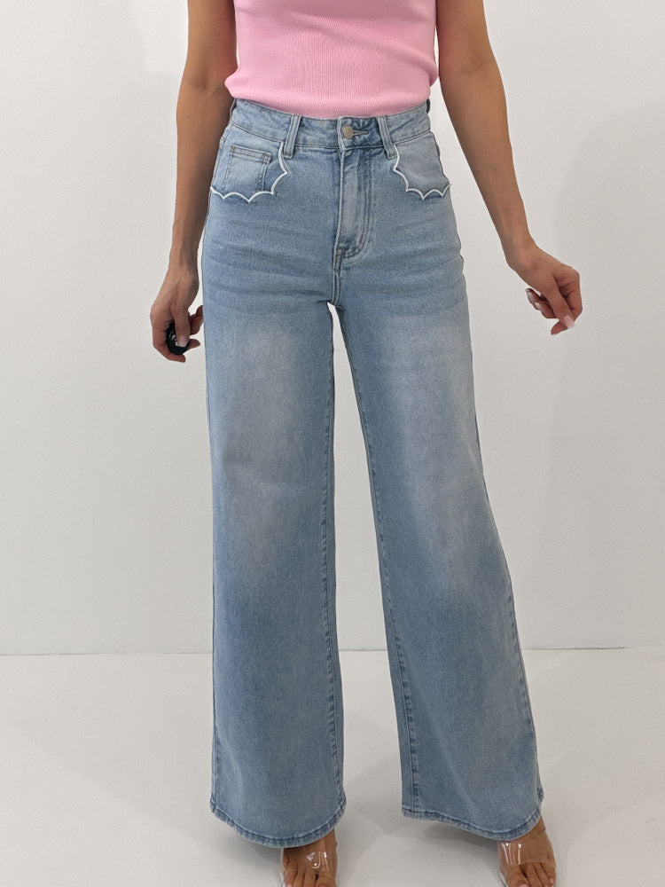 "Wave" Wide Leg Jeans - hellblau