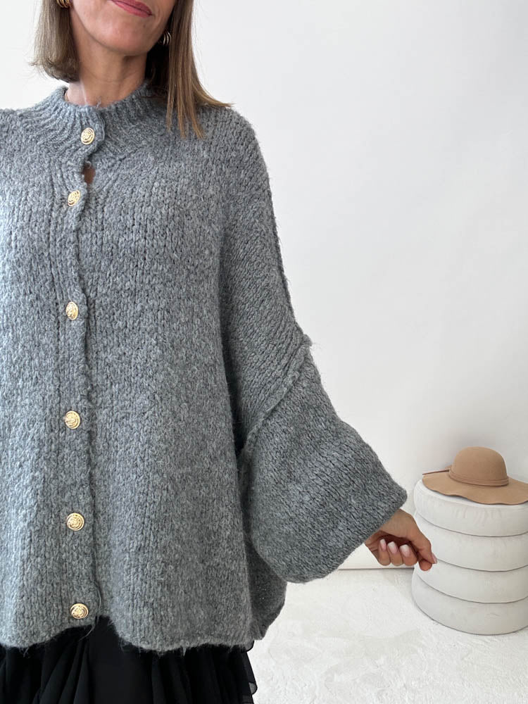 "Cozy Button" kuscheliger Oversize Cardigan - grau