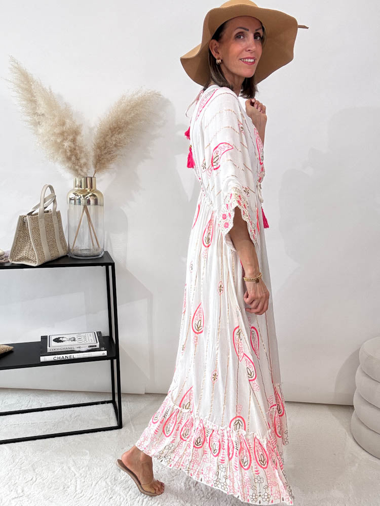 "Boho Flower" Maxikleid - creme/pink