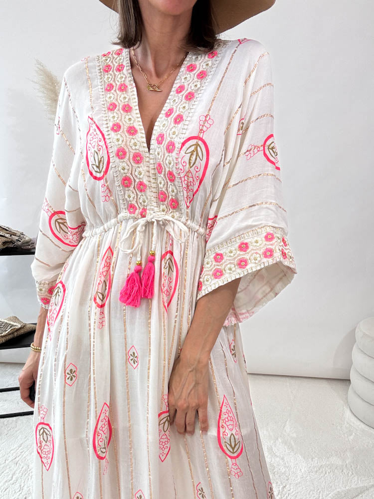 "Boho Flower" Maxikleid - creme/pink
