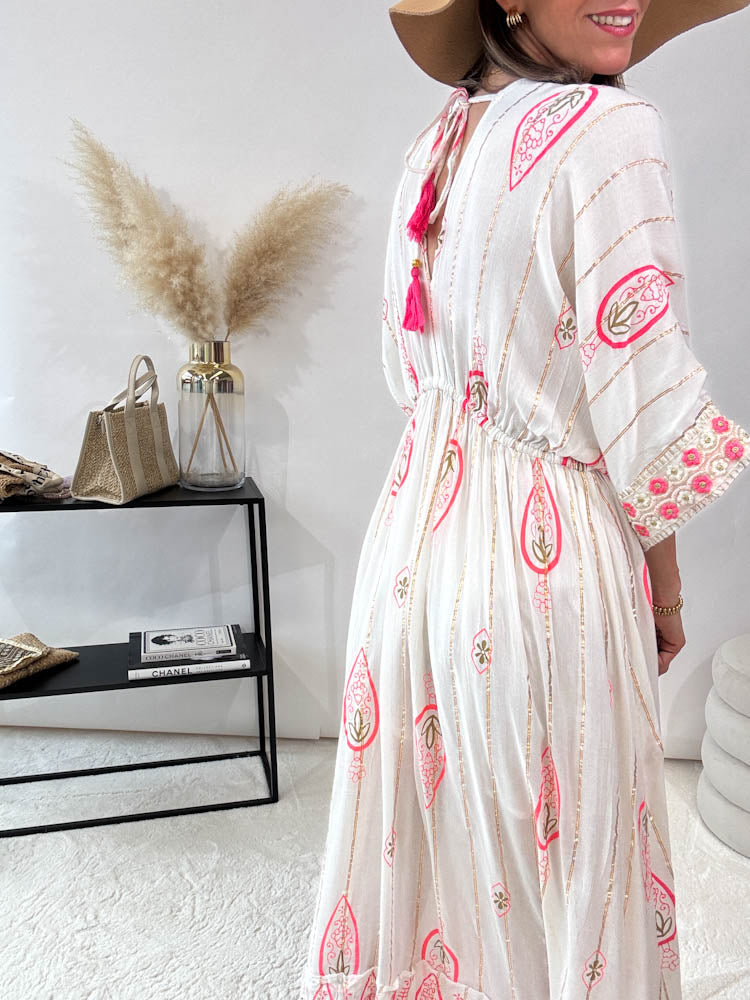 "Boho Flower" Maxikleid - creme/pink