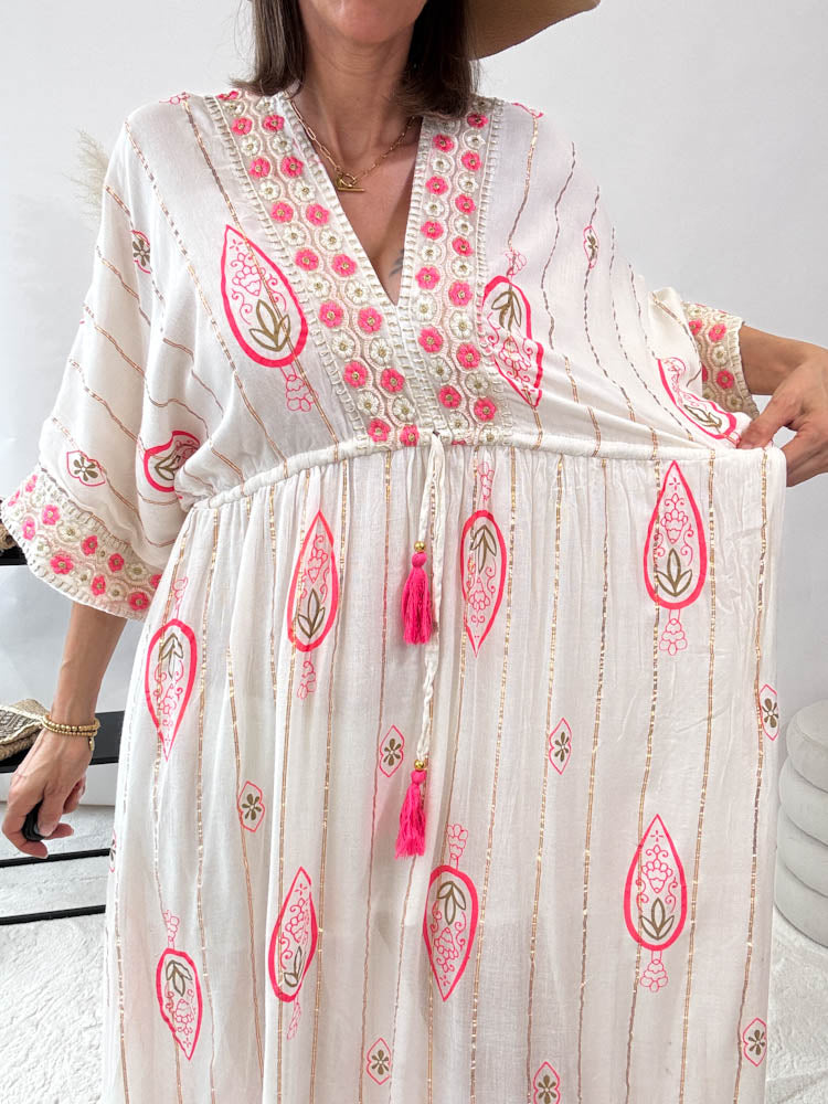 "Boho Flower" Maxikleid - creme/pink