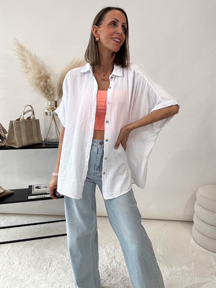 "Waffle Summer" Bluse aus Baumwolle (Musselin)- weiß