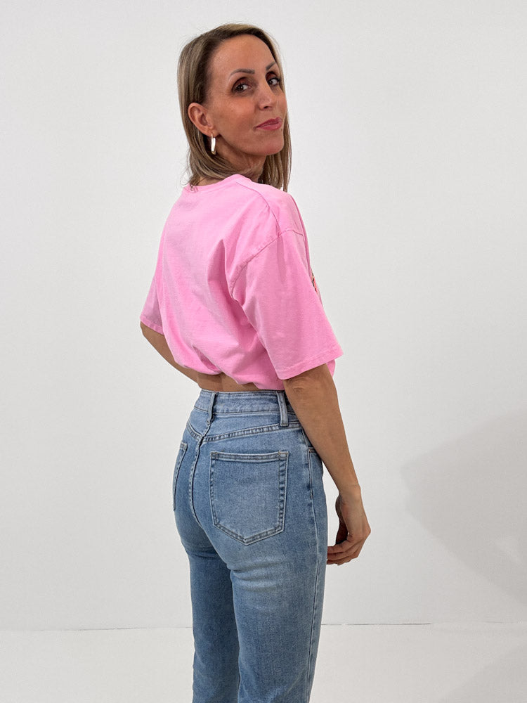 "Ciao" Shirt mit Statement in Leoprint - cotton candy