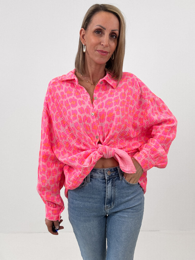 "Waffle 2.0 Leo Midi" kurze Musselinbluse - glowy pink