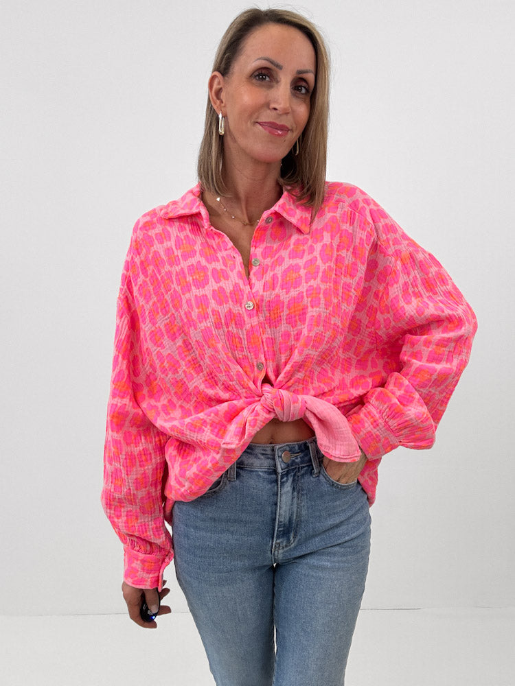 "Waffle 2.0 Leo Midi" kurze Musselinbluse - glowy pink