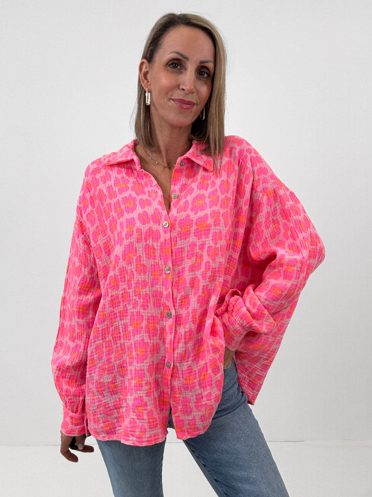 "Waffle 2.0 Leo Midi" kurze Musselinbluse - glowy pink