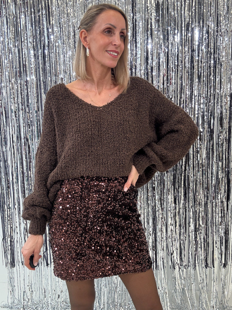 "Sequin Skirt" Stretchrock mit Pailletten - braun
