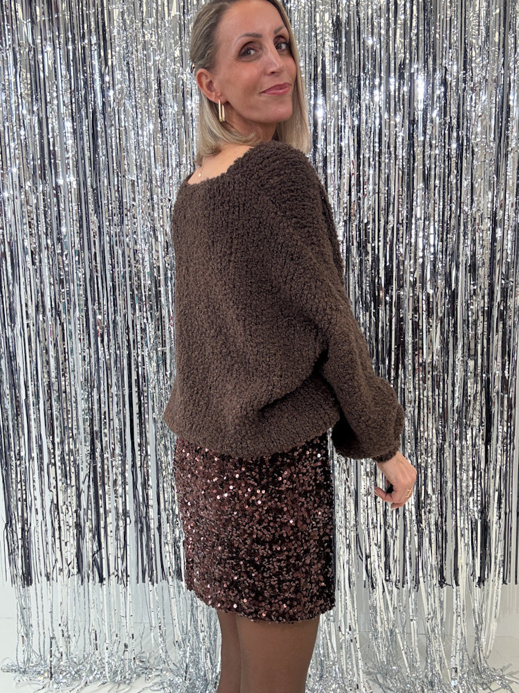"Sequin Skirt" Stretchrock mit Pailletten - braun