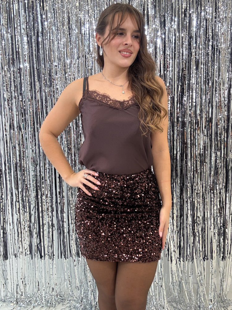 "Sequin Skirt" Stretchrock mit Pailletten - braun