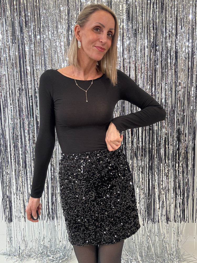 "Sequin Skirt" Stretchrock mit Pailletten - schwarz