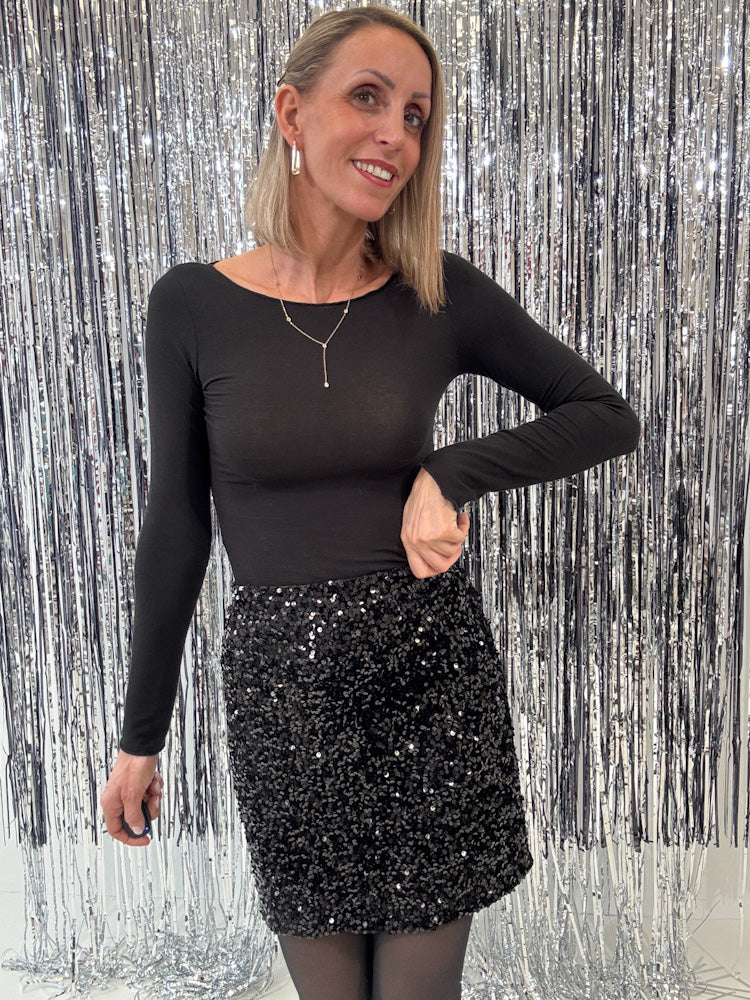 "Sequin Skirt" Stretchrock mit Pailletten - schwarz