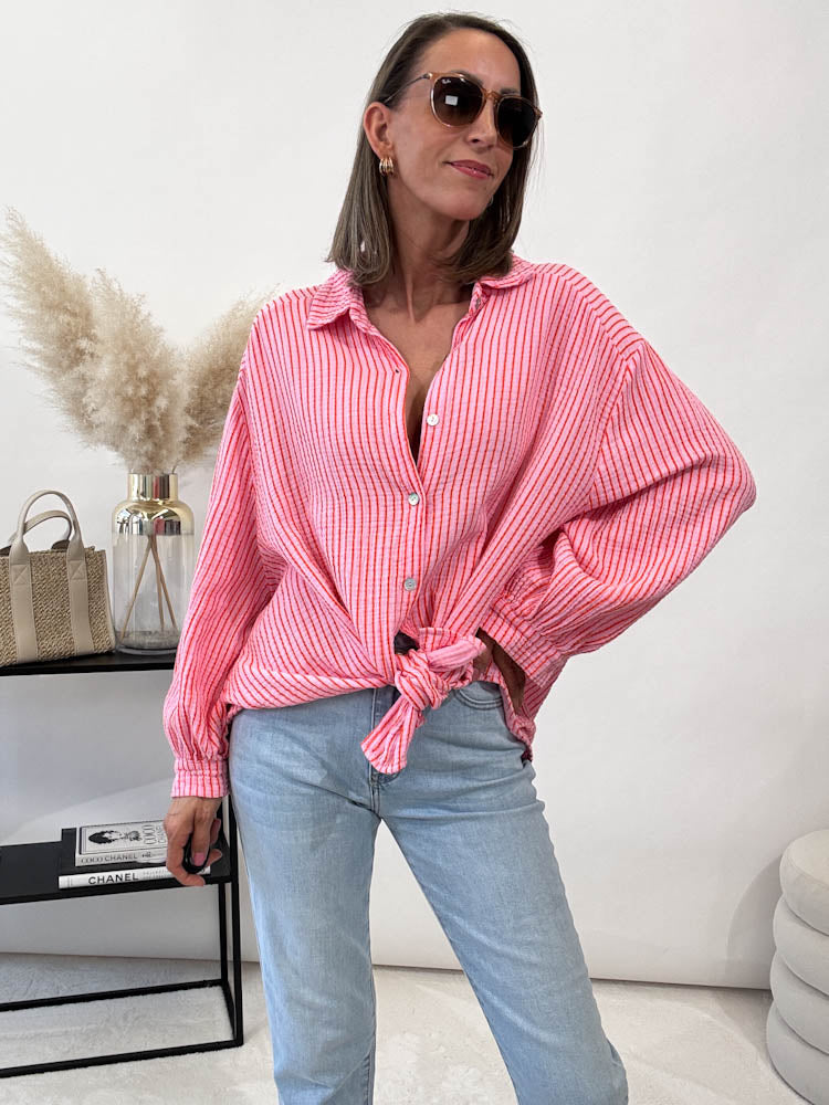 "Little Stripes" Musselin Bluse Midi mit Streifen - rosa/orange