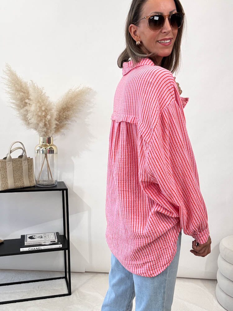 "Little Stripes" Musselin Bluse Midi mit Streifen - rosa/orange