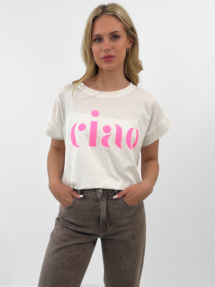 "Ciao 2.0" stylisches Shirt mit Statement - weiß/rosa
