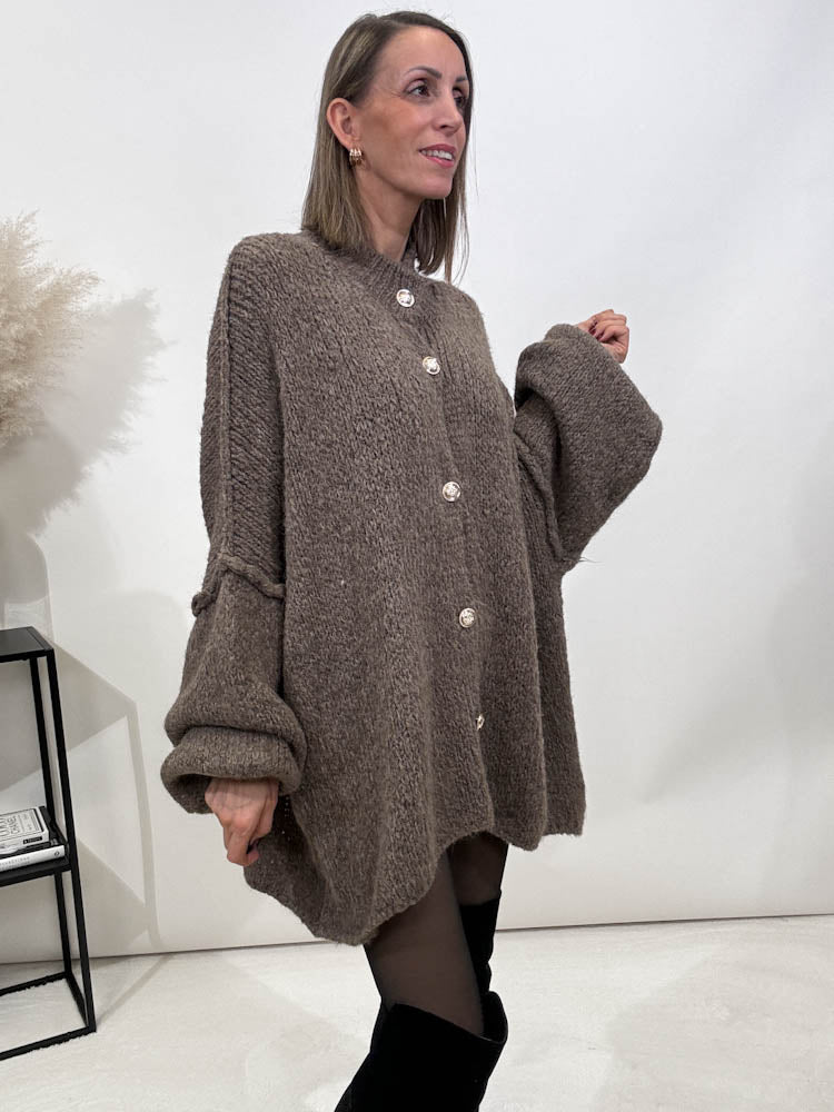 "Cozy Button" kuscheliger Oversize Cardigan - hellbraun