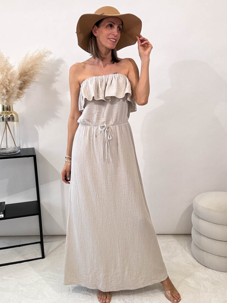 "Musselin Long Dress" Kleid aus Baumwolle - beige