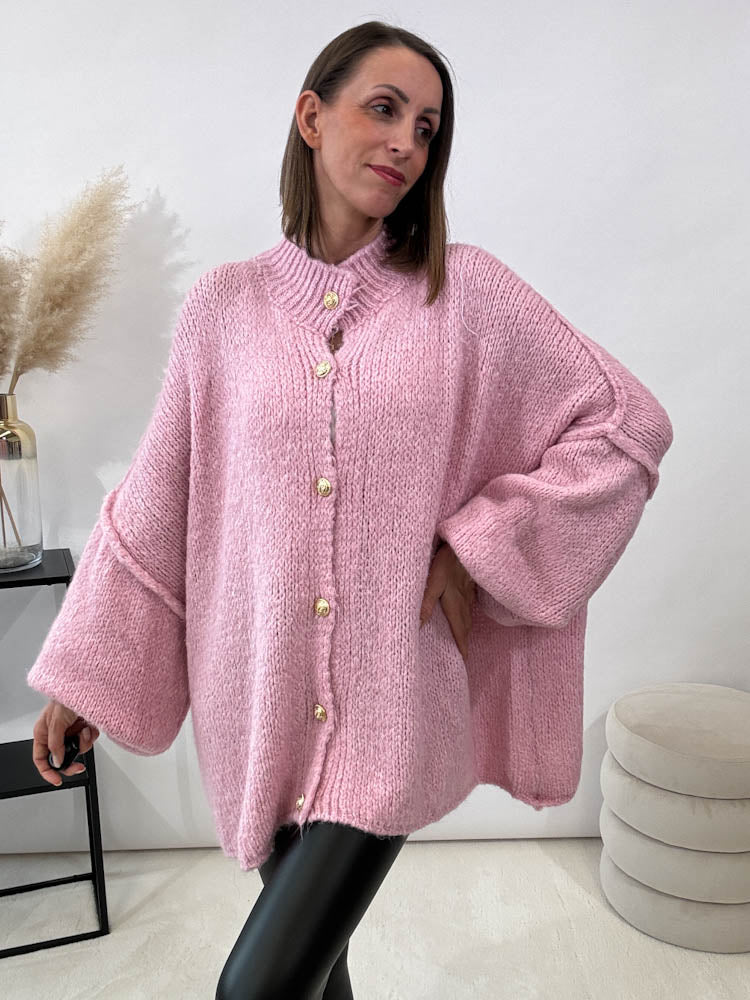 "Cozy Button" kuscheliger Oversize Cardigan - rosa