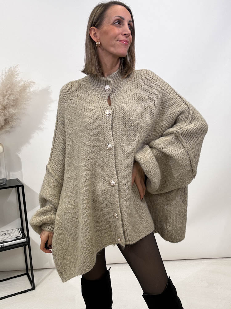 "Cozy Button" kuscheliger Oversize Cardigan - taupe