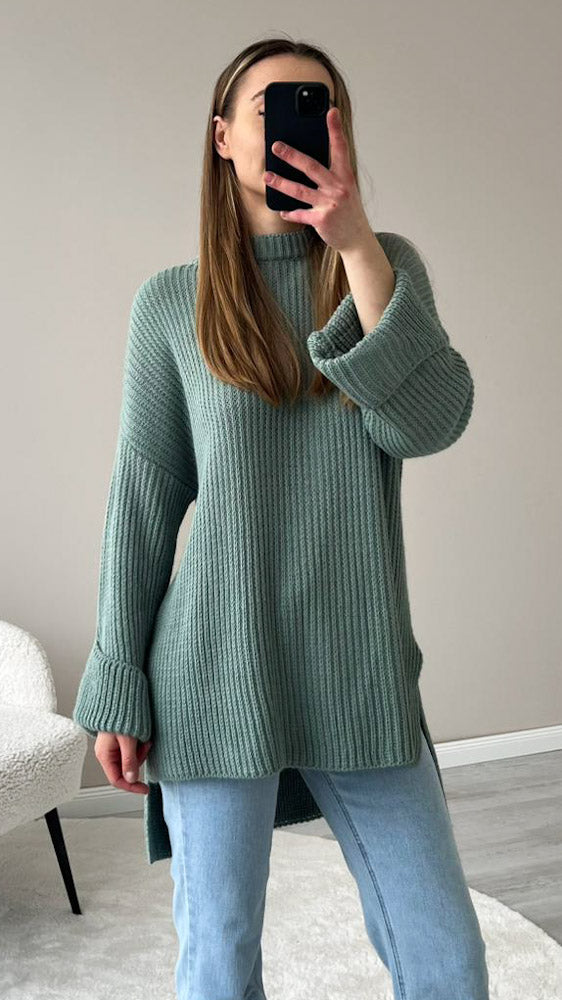 Strickpullover mit Schlitz - salbei