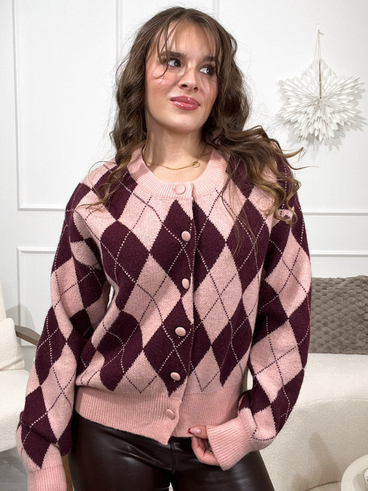 "Karo" kuscheliger Viscose Cardigan - wine